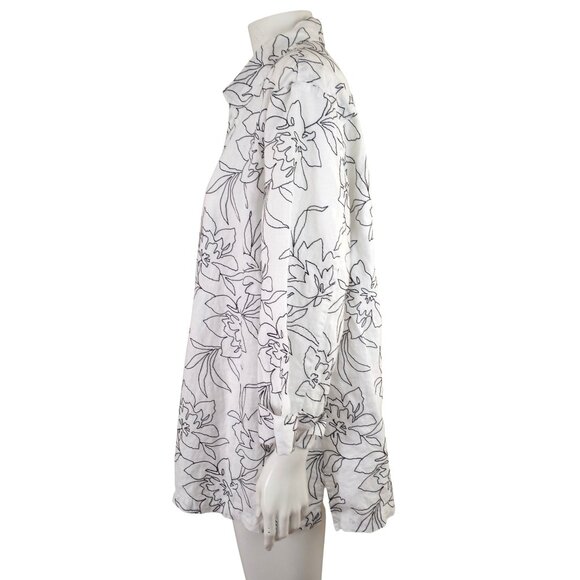 Jones New York Signature Linen White Black Floral Embroidered Blouse - Picture 3 of 8